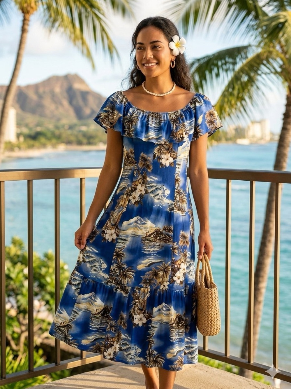 Hilo Hattie VTG The Hawaiian Original Island Scene Ruffle Neckline Muumuuu Dress